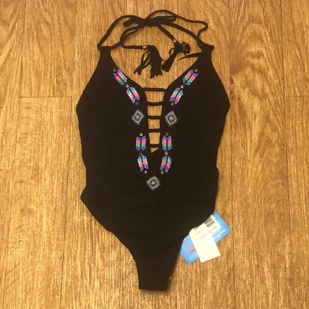 Eco Peace Black Beaded One Piece Swimsuit Size Small
